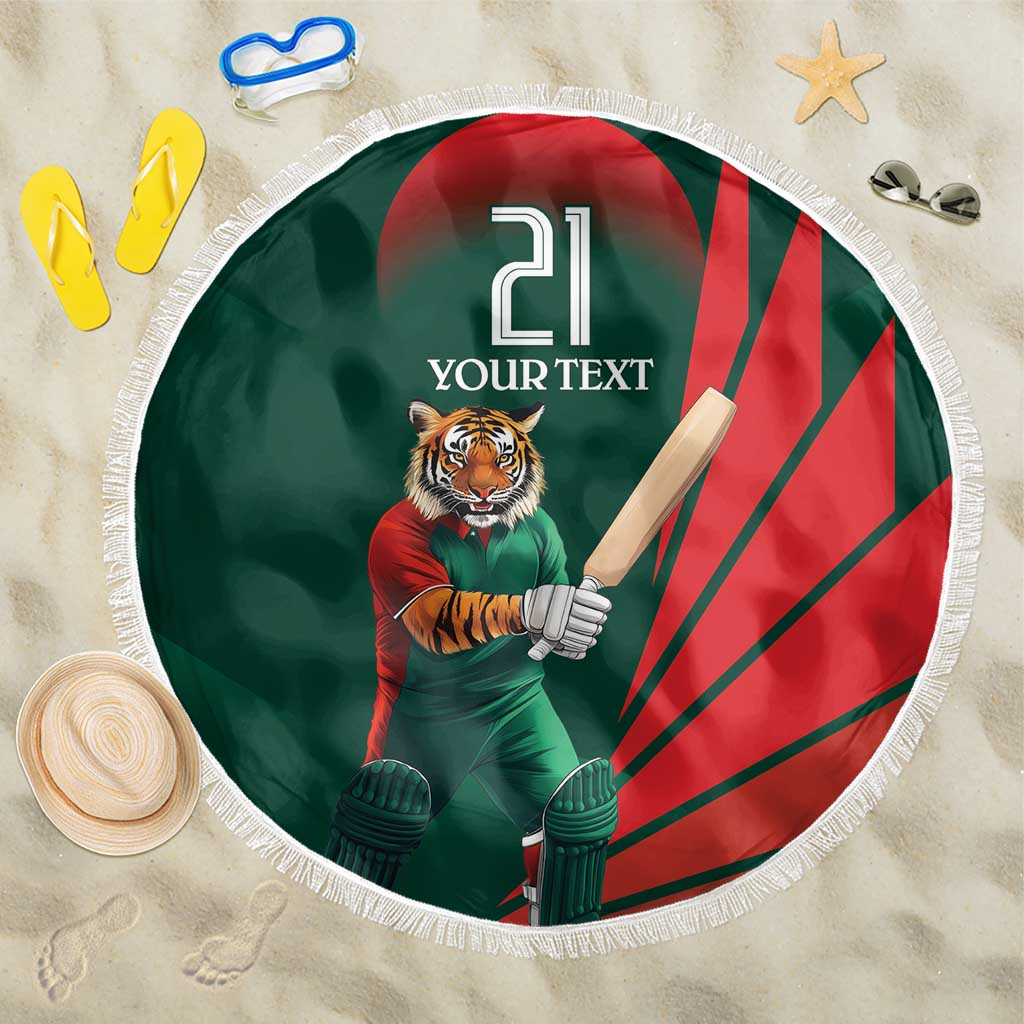 Round beach blanket with tiger mascot and 'yourtext 21', green-red stripes, fringed edge.