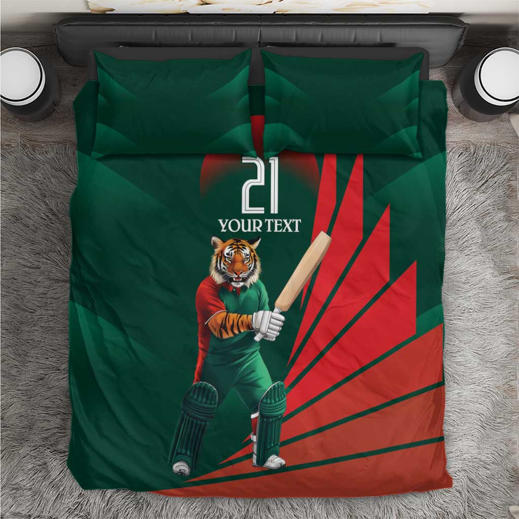 Green duvet cover with red burst stripes and tiger cricket mascot holding a bat