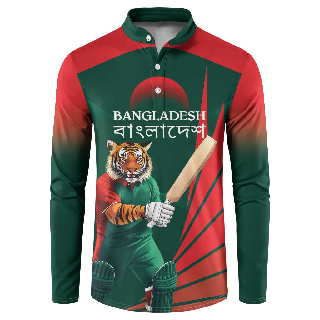 Red and dark green cricket sweatshirt with tiger mascot graphic and button placket