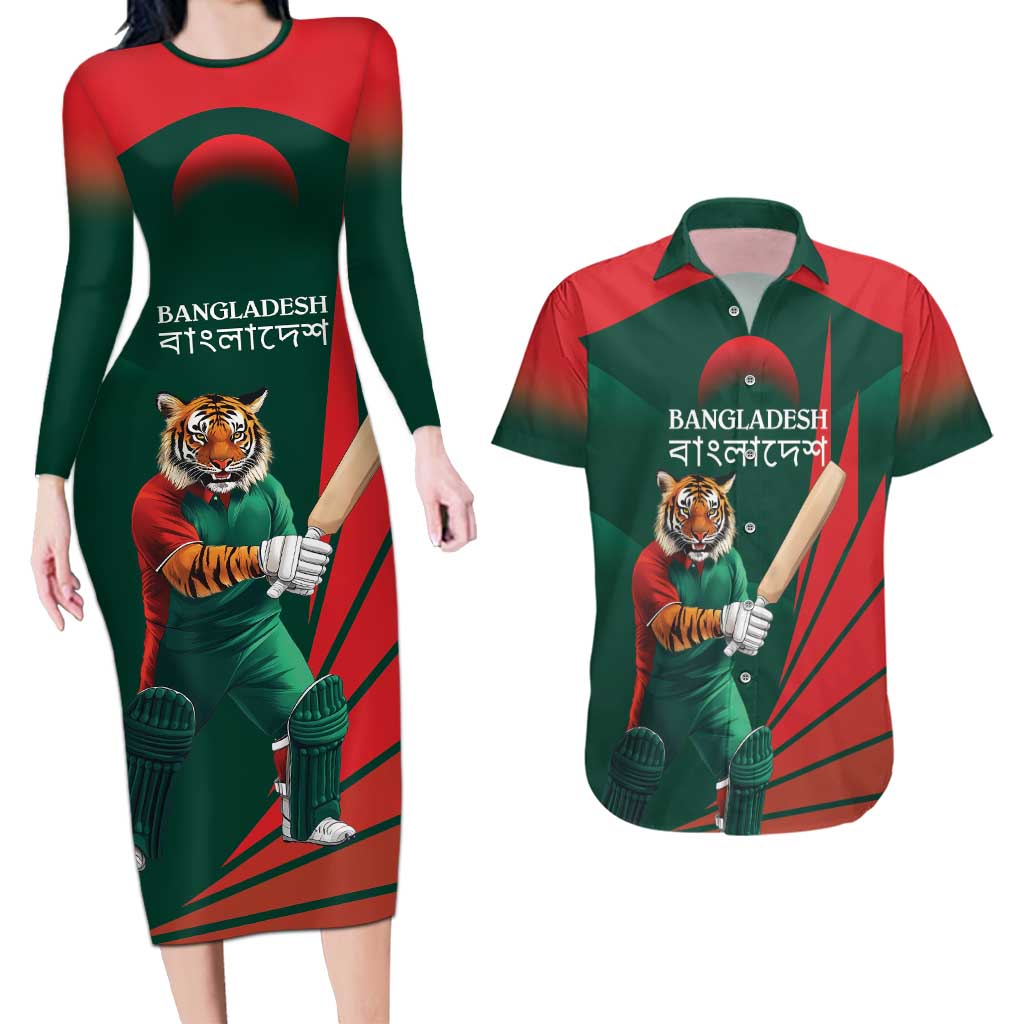 Bangladesh Cricket Custom Couples Matching Long Sleeve Bodycon Dress and Hawaiian Shirt The Tigers Mascot with Sporty Style LT9 - Wonder Print Shop