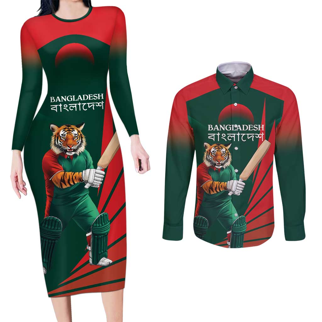 Bangladesh Cricket Custom Couples Matching Long Sleeve Bodycon Dress and Long Sleeve Button Shirt The Tigers Mascot with Sporty Style LT9 - Wonder Print Shop