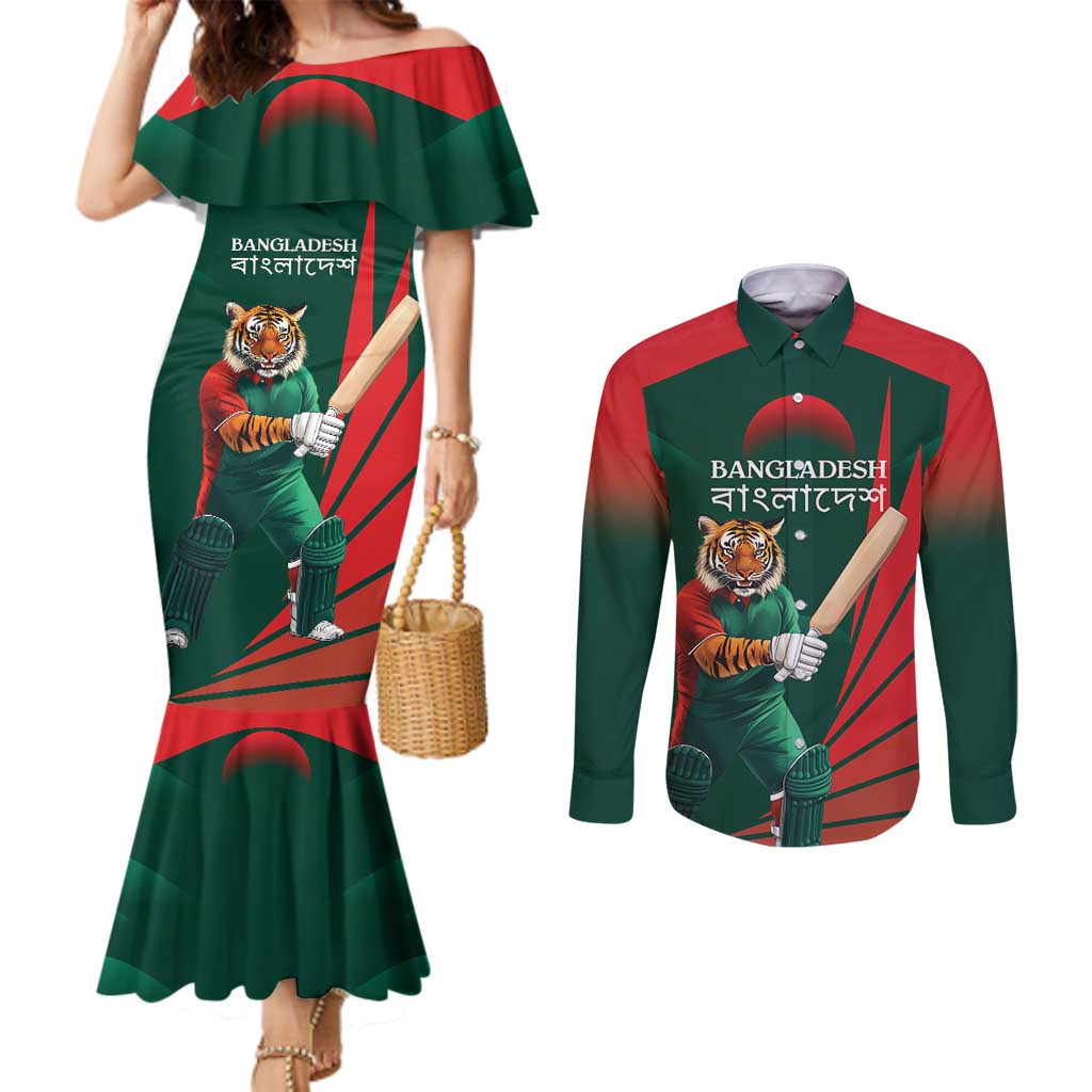 Bangladesh Cricket Custom Couples Matching Mermaid Dress and Long Sleeve Button Shirt The Tigers Mascot with Sporty Style