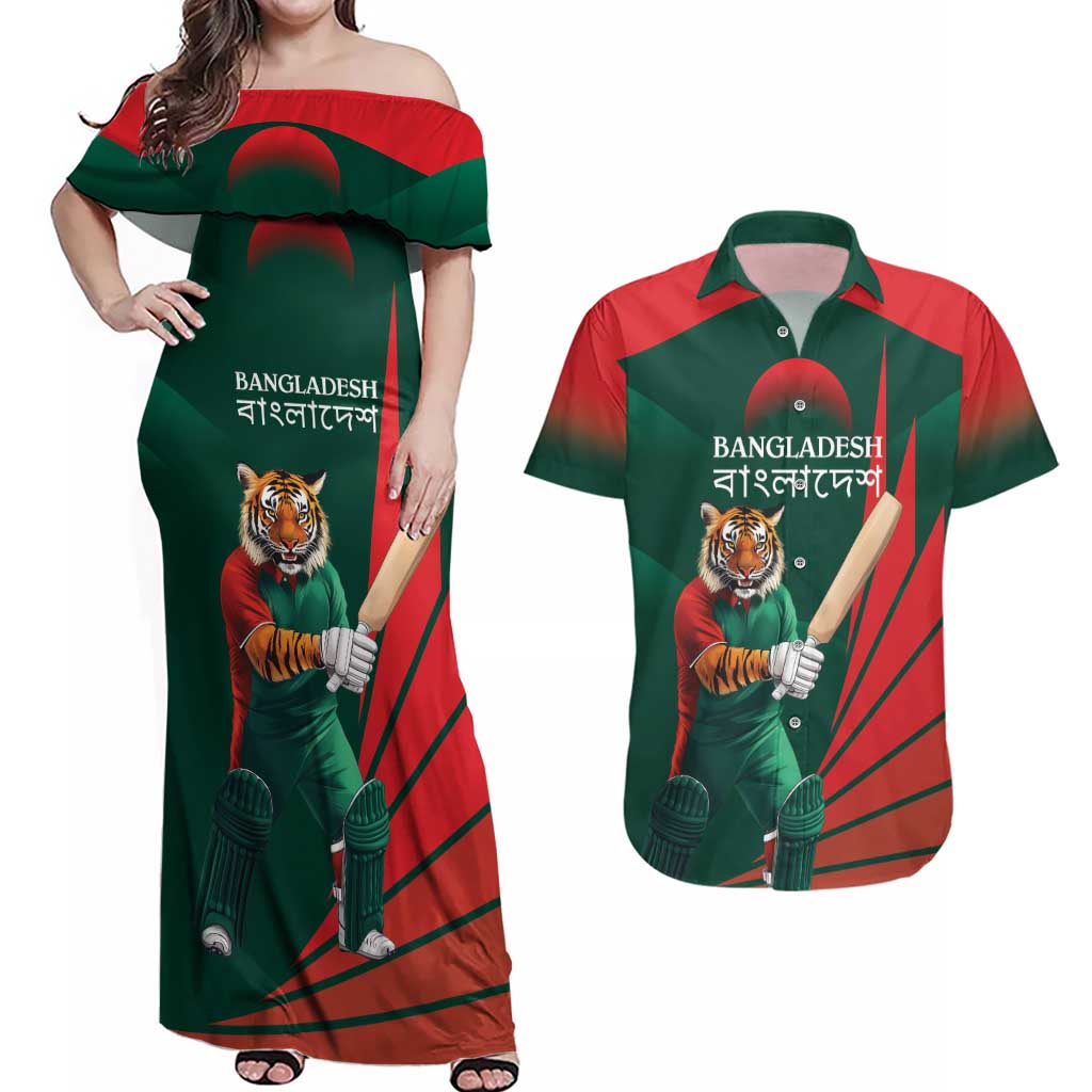 Bangladesh Cricket Custom Couples Matching Off Shoulder Maxi Dress and Hawaiian Shirt The Tigers Mascot with Sporty Style LT9 - Wonder Print Shop