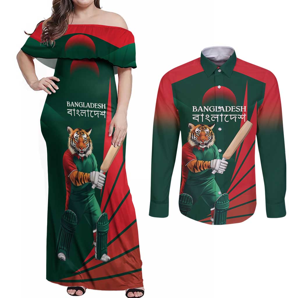 Bangladesh Cricket Custom Couples Matching Off Shoulder Maxi Dress and Long Sleeve Button Shirt The Tigers Mascot with Sporty Style LT9 - Wonder Print Shop