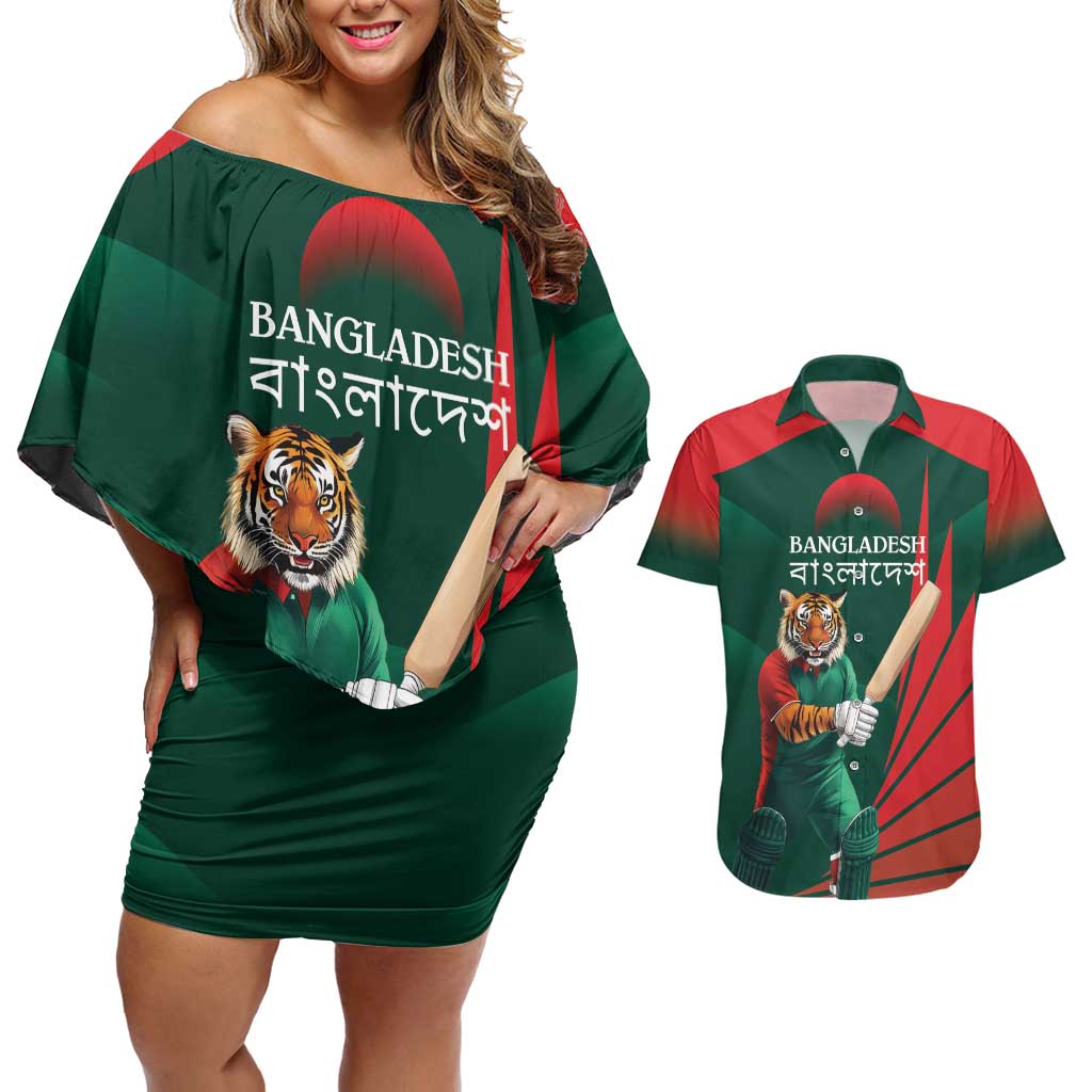 Bangladesh Cricket Custom Couples Matching Off Shoulder Short Dress and Hawaiian Shirt The Tigers Mascot with Sporty Style LT9 - Wonder Print Shop