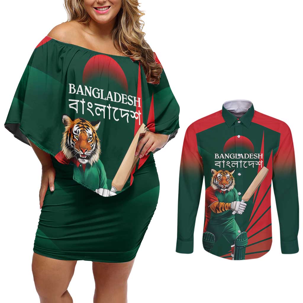 Bangladesh Cricket Custom Couples Matching Off Shoulder Short Dress and Long Sleeve Button Shirt The Tigers Mascot with Sporty Style LT9 - Wonder Print Shop