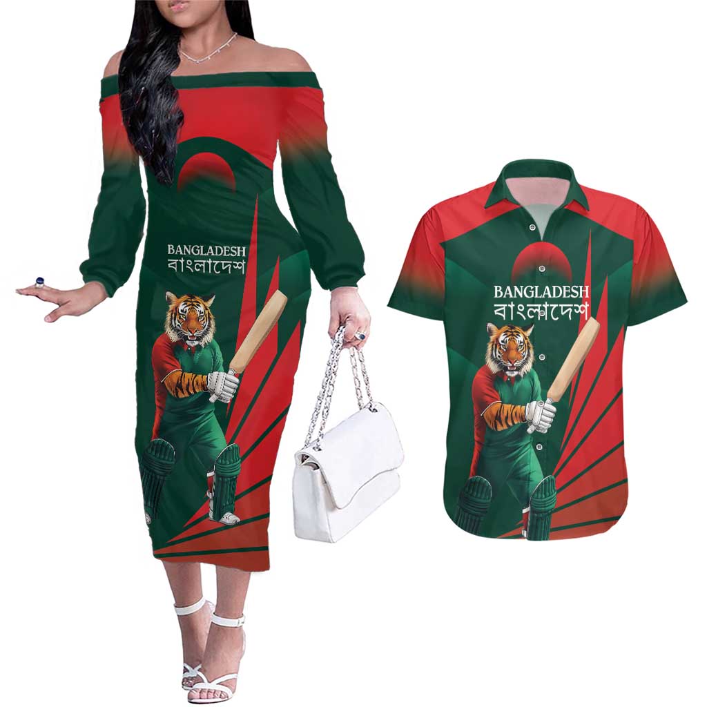 Bangladesh Cricket Custom Couples Matching Off The Shoulder Long Sleeve Dress and Hawaiian Shirt The Tigers Mascot with Sporty Style LT9 - Wonder Print Shop