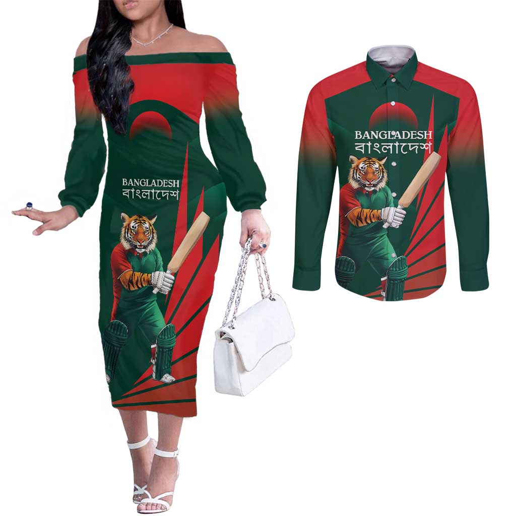 Bangladesh Cricket Custom Couples Matching Off The Shoulder Long Sleeve Dress and Long Sleeve Button Shirt The Tigers Mascot with Sporty Style