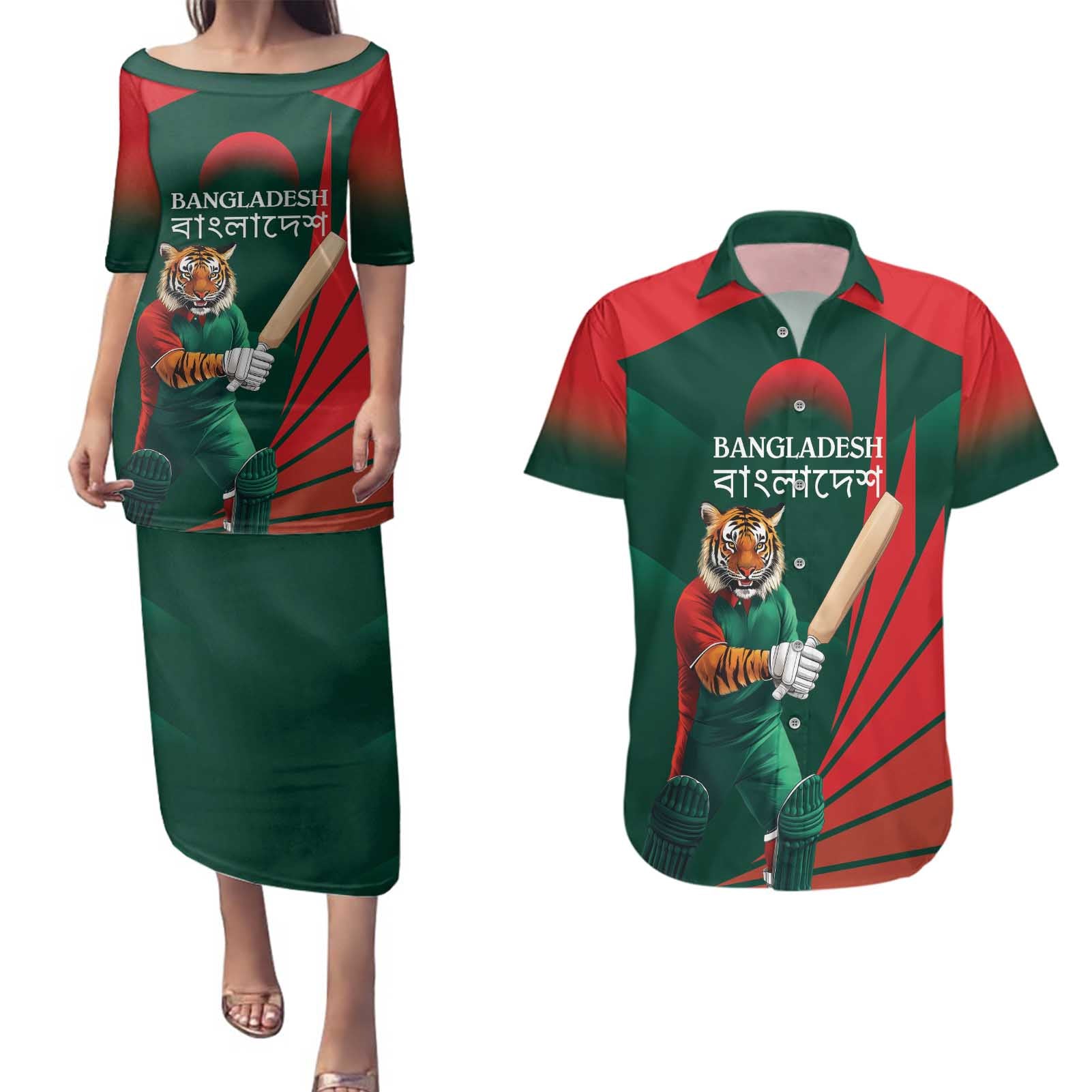 Bangladesh Cricket Custom Couples Matching Puletasi and Hawaiian Shirt The Tigers Mascot with Sporty Style LT9 - Wonder Print Shop