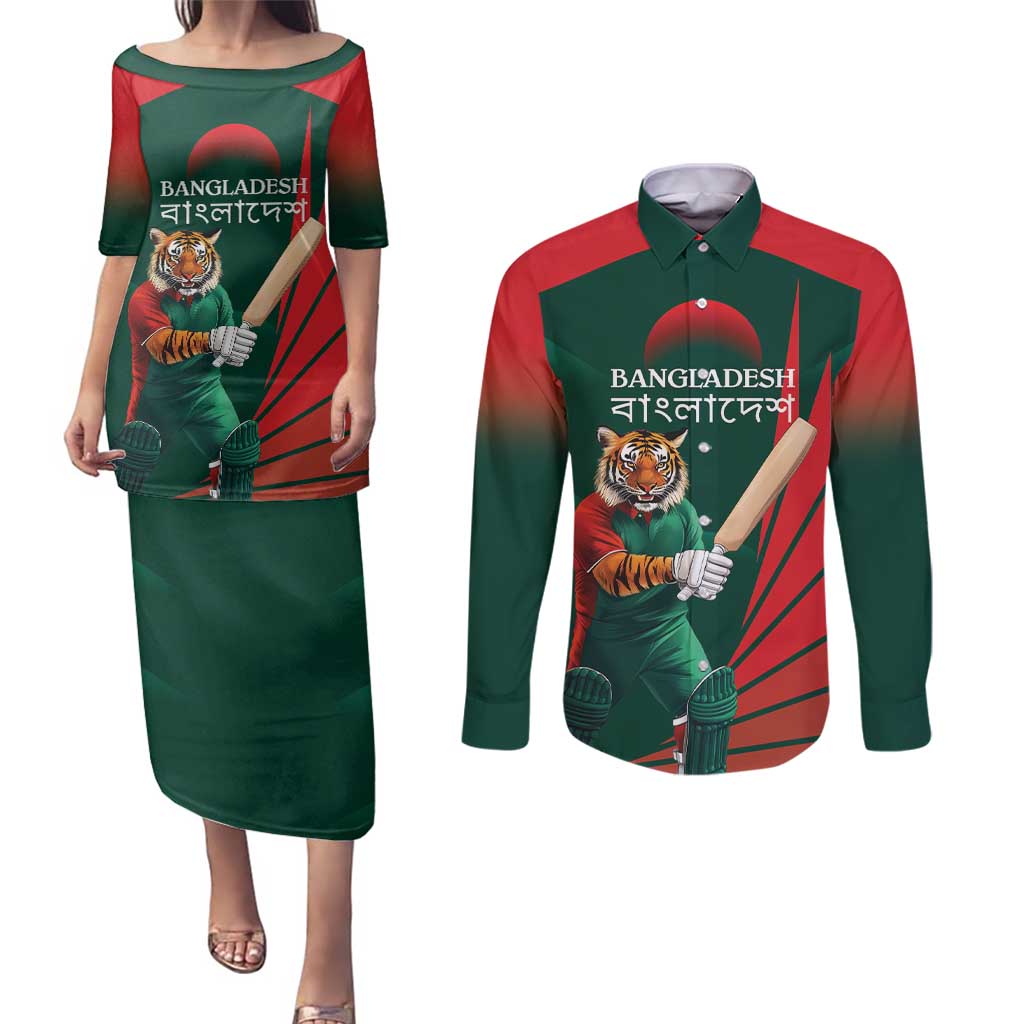 Bangladesh Cricket Custom Couples Matching Puletasi and Long Sleeve Button Shirt The Tigers Mascot with Sporty Style LT9 - Wonder Print Shop