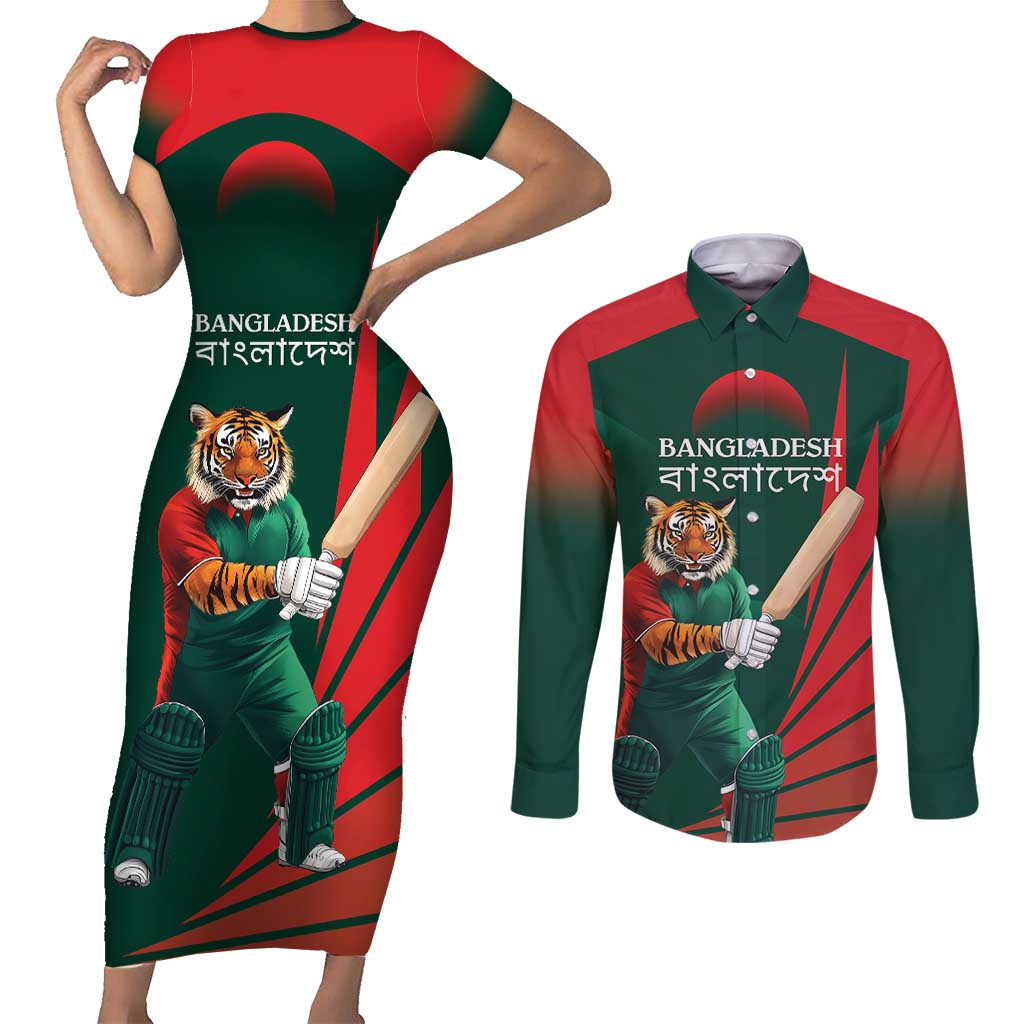 Bangladesh Cricket Custom Couples Matching Short Sleeve Bodycon Dress and Long Sleeve Button Shirt The Tigers Mascot with Sporty Style LT9 - Wonder Print Shop