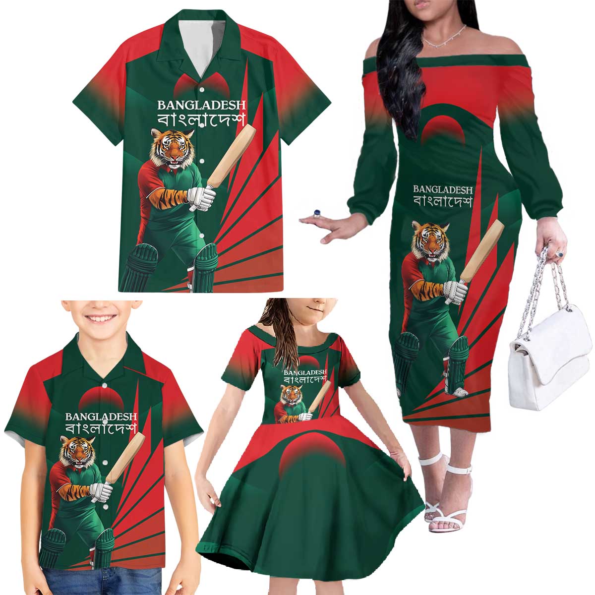 Bangladesh Cricket Custom Family Matching Off The Shoulder Long Sleeve Dress and Hawaiian Shirt The Tigers Mascot with Sporty Style - Wonder Print Shop