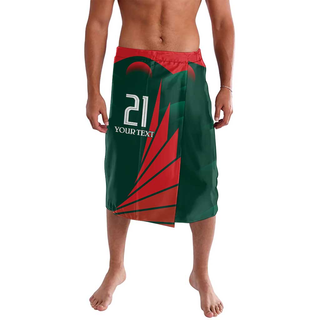 Cricket-style shorts, green with red waistband and side graphic print
