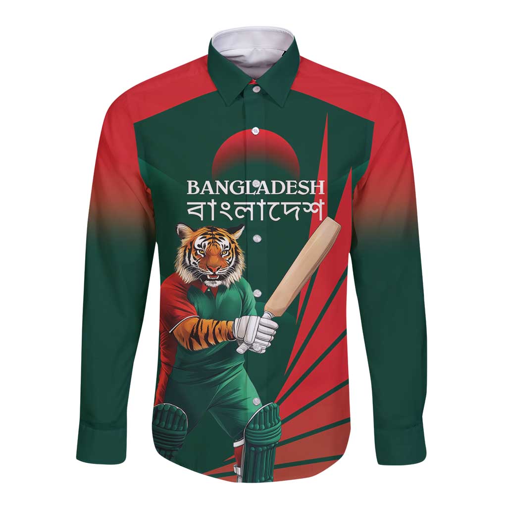 Red and dark green long sleeve button shirt, front tiger mascot with bat and BANGLADESH text