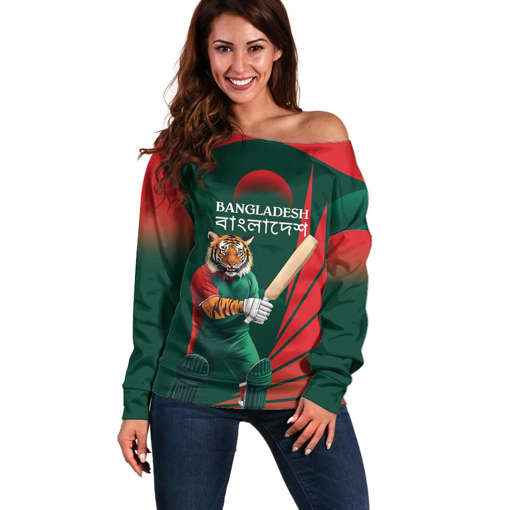 Bangladesh Cricket Custom Off Shoulder Sweater The Tigers Mascot with Sporty Style