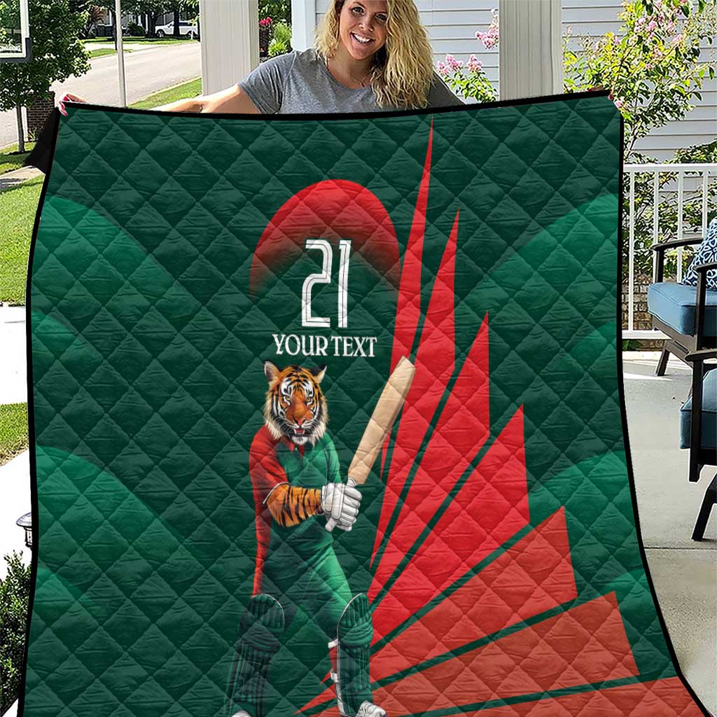Quilt blanket with dark green and red tigers mascot graphic, quilted diamond pattern