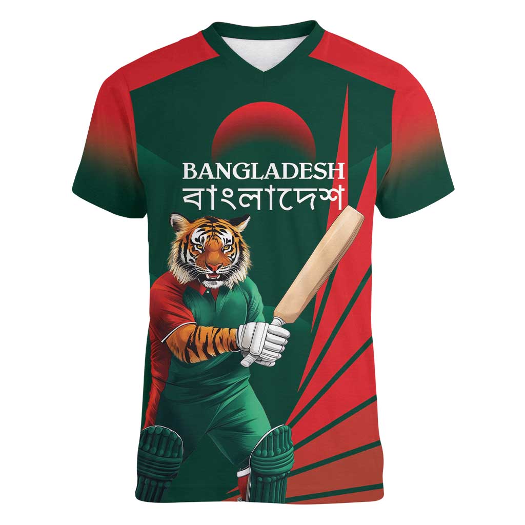 Bangladesh Cricket Custom Women V-Neck T-Shirt The Tigers Mascot with Sporty Style