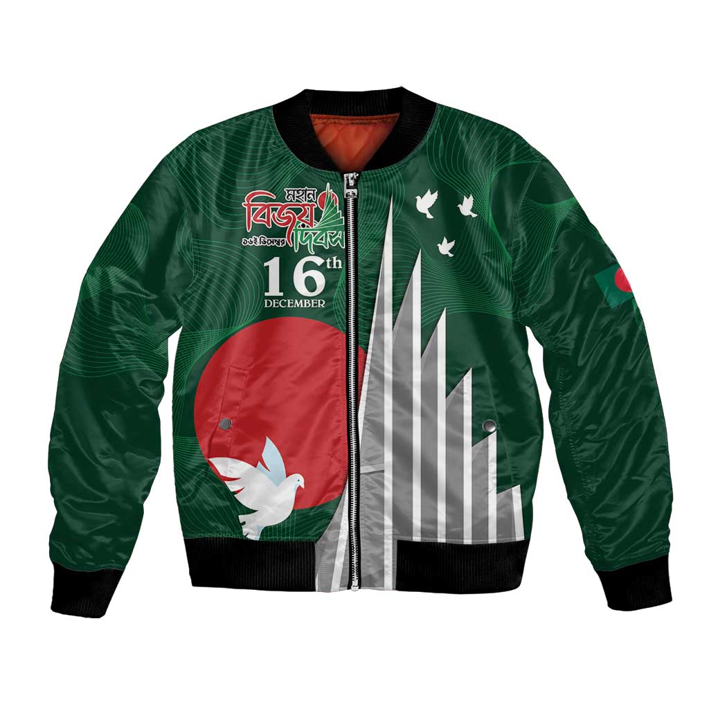 Unisex green bomber jacket with front zipper and large Victory Day graphic on chest