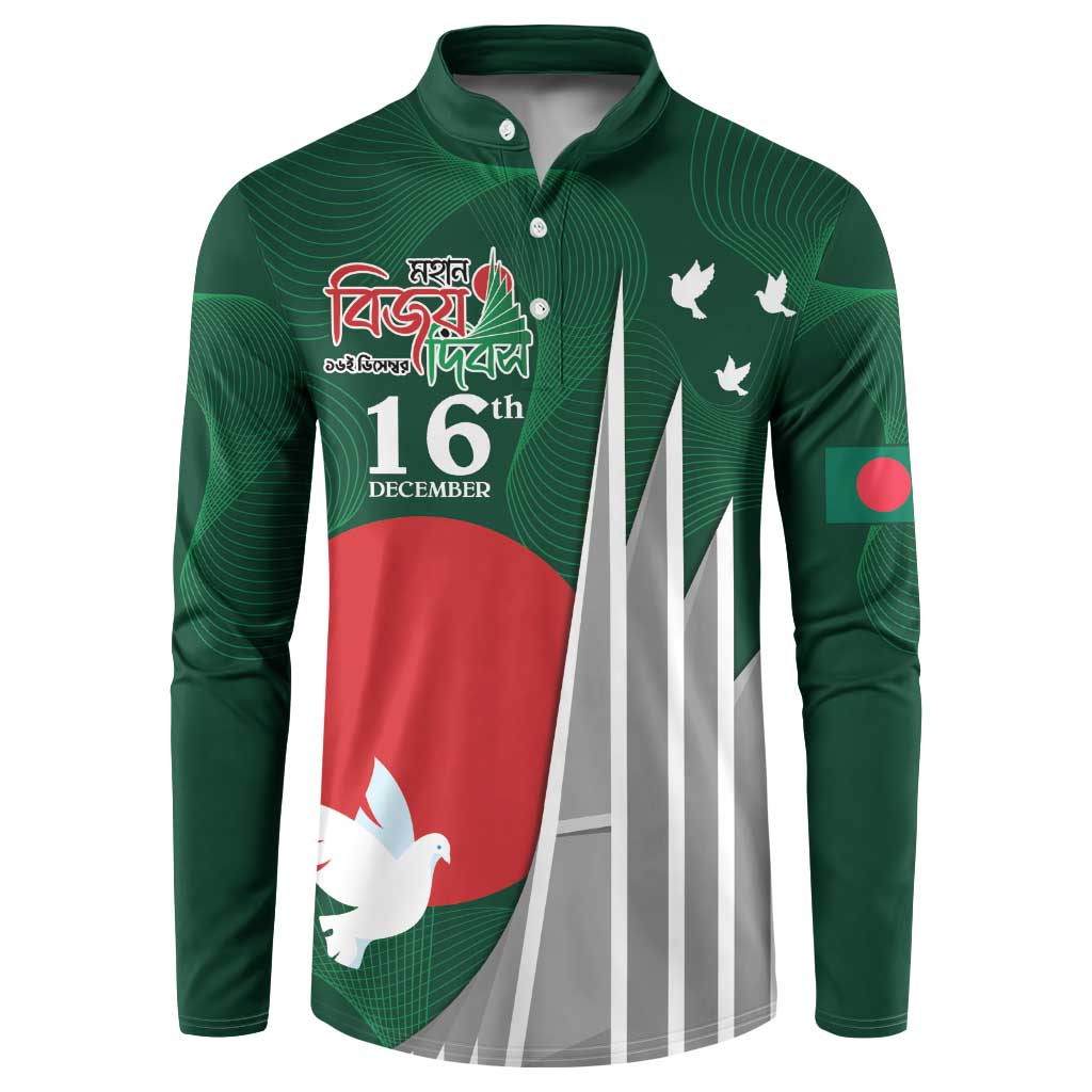 Green long-sleeve button sweatshirt with red/white diagonal front graphic