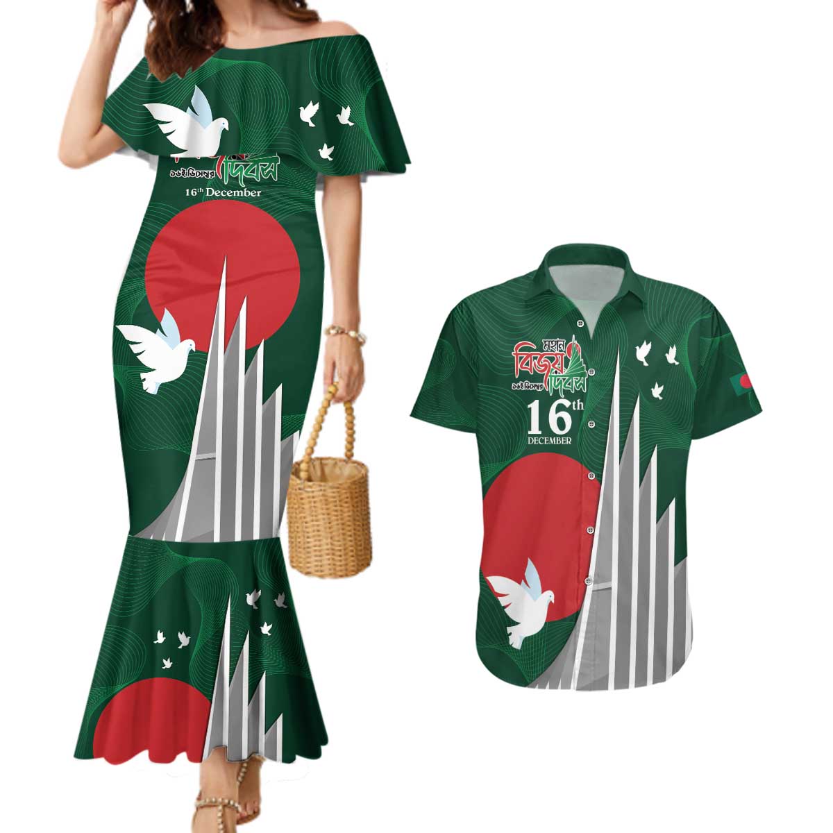 Bangladesh 16 December Victory Day Couples Matching Mermaid Dress and Hawaiian Shirt Jatiyo Sriti Shoudho with Sun LT9 - Wonder Print Shop