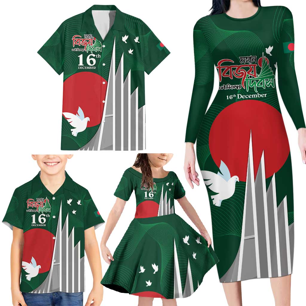 Bangladesh 16 December Victory Day Family Matching Long Sleeve Bodycon Dress and Hawaiian Shirt Jatiyo Sriti Shoudho with Sun LT9 - Wonder Print Shop