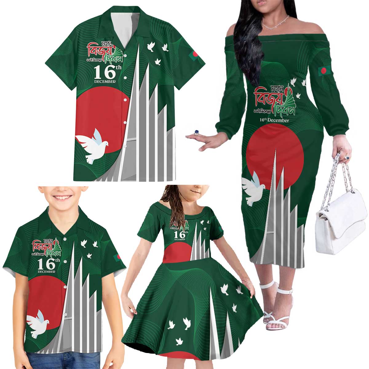 Bangladesh 16 December Victory Day Family Matching Off The Shoulder Long Sleeve Dress and Hawaiian Shirt Jatiyo Sriti Shoudho with Sun - Wonder Print Shop