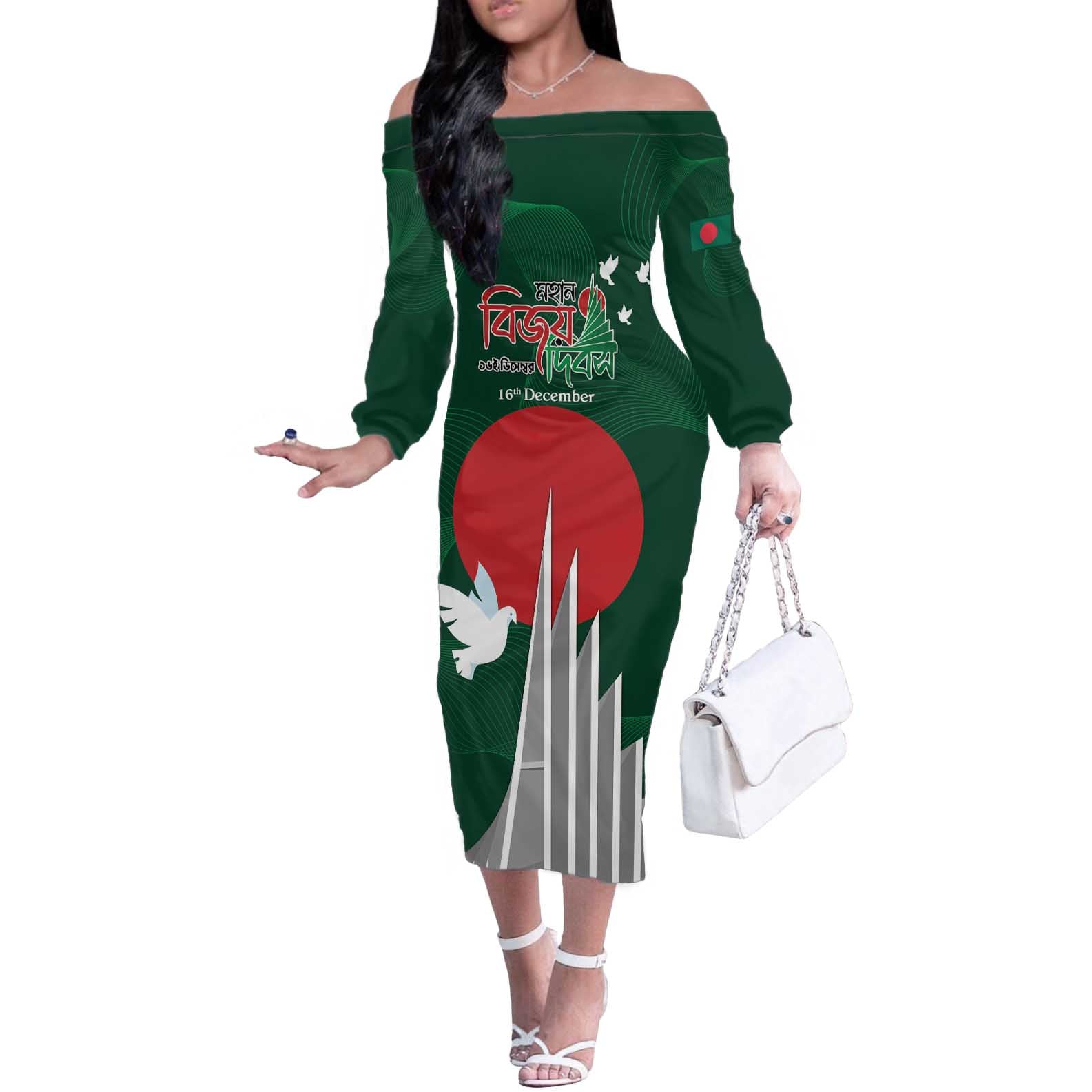 Bangladesh 16 December Victory Day Off The Shoulder Long Sleeve Dress Jatiyo Sriti Shoudho with Sun - Wonder Print Shop