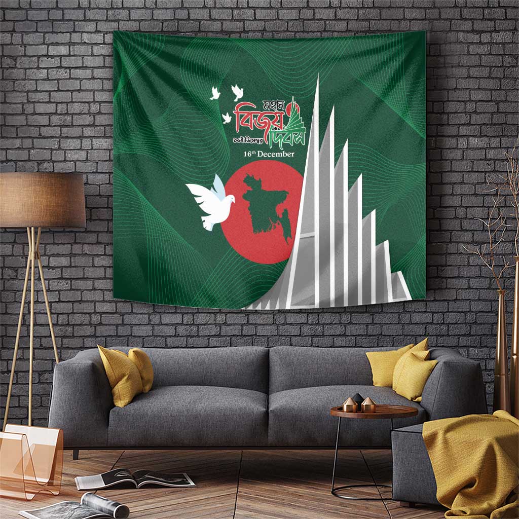 Green Victory Day tapestry, dove and red map emblem with white striped columns