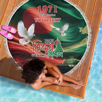 Green round beach blanket with tassel fringe, Bangladesh flag and dove artwork