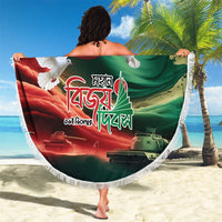 Green round beach blanket with tassel fringe, Bangladesh flag and dove artwork