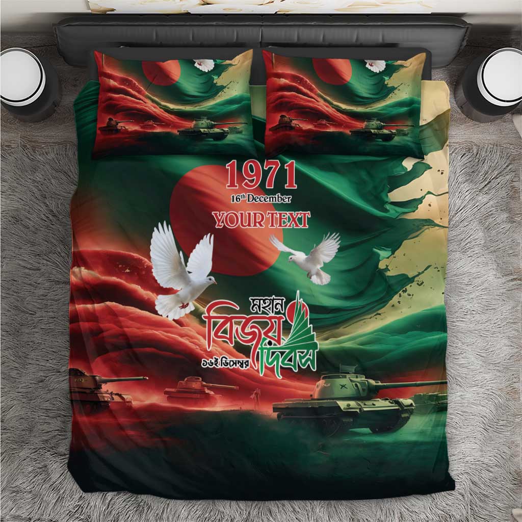 Top view: green flag art duvet cover and two pillowcases with dove and 'YOUR TEXT'