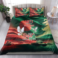 Green flag art duvet cover with 'YOUR TEXT' and 1971; two decorative pillowcases