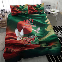 Green bedding set featuring flag art, 'YOUR TEXT', dove and tanks; two pillowcases