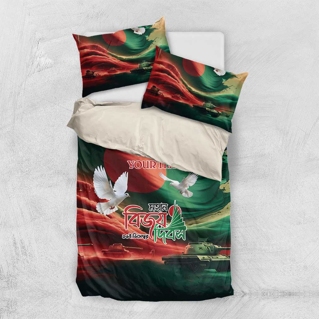 Green duvet cover and two pillowcases with flag art, dove and red-green swirls