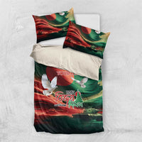 Green duvet cover and two pillowcases with flag art, dove and red-green swirls