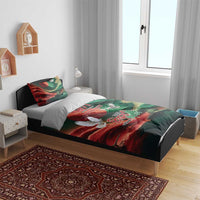 Green flag art bedding set on bed with duvet cover and two pillowcases