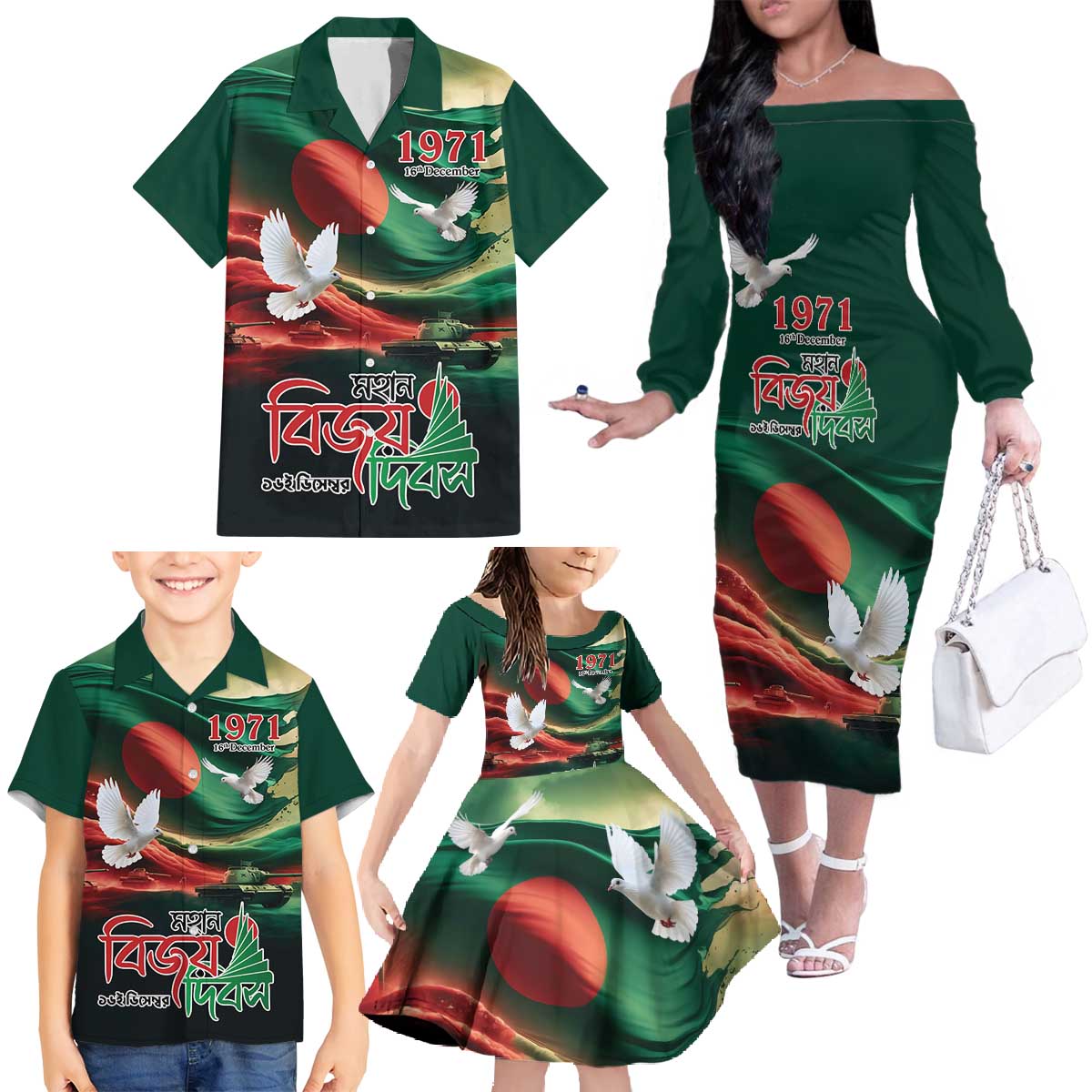 Bangladesh Victory Day Personalized Family Matching Off The Shoulder Long Sleeve Dress and Hawaiian Shirt Since 1971 with Flag Art - Wonder Print Shop