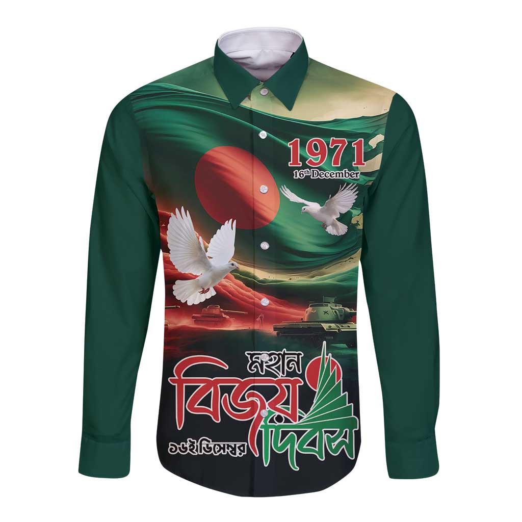 Green long-sleeve button shirt with flag and dove graphic, front print