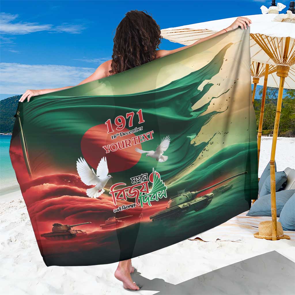Green personalized sarong with 1971 flag artwork and white dove graphic, draped