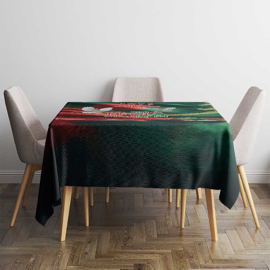 Green flag-themed tablecloth covering a small dining table with four chairs