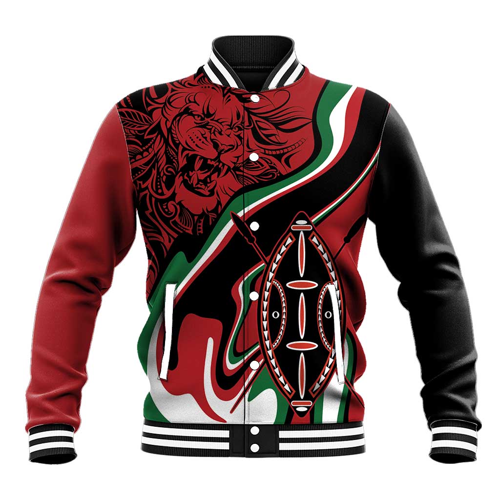 Red and black varsity baseball jacket with lion graphic and shield emblem, striped ribbed collar