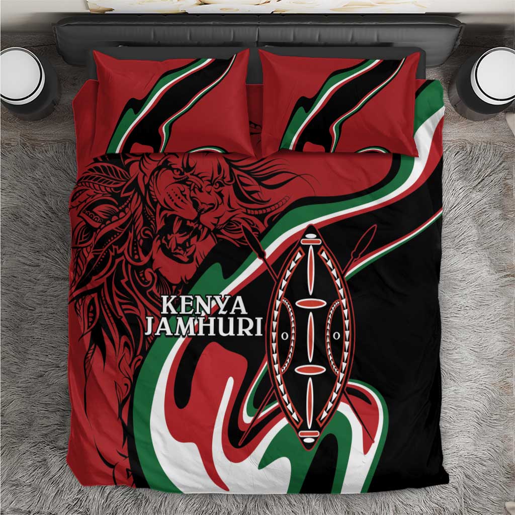 Red duvet bedding set with lion and Maasai shield graphics, Kenya Jamhuri Day text