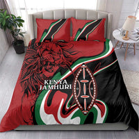 Red and black duvet bedding set with lion, Maasai shield, and Kenya Jamhuri Day text