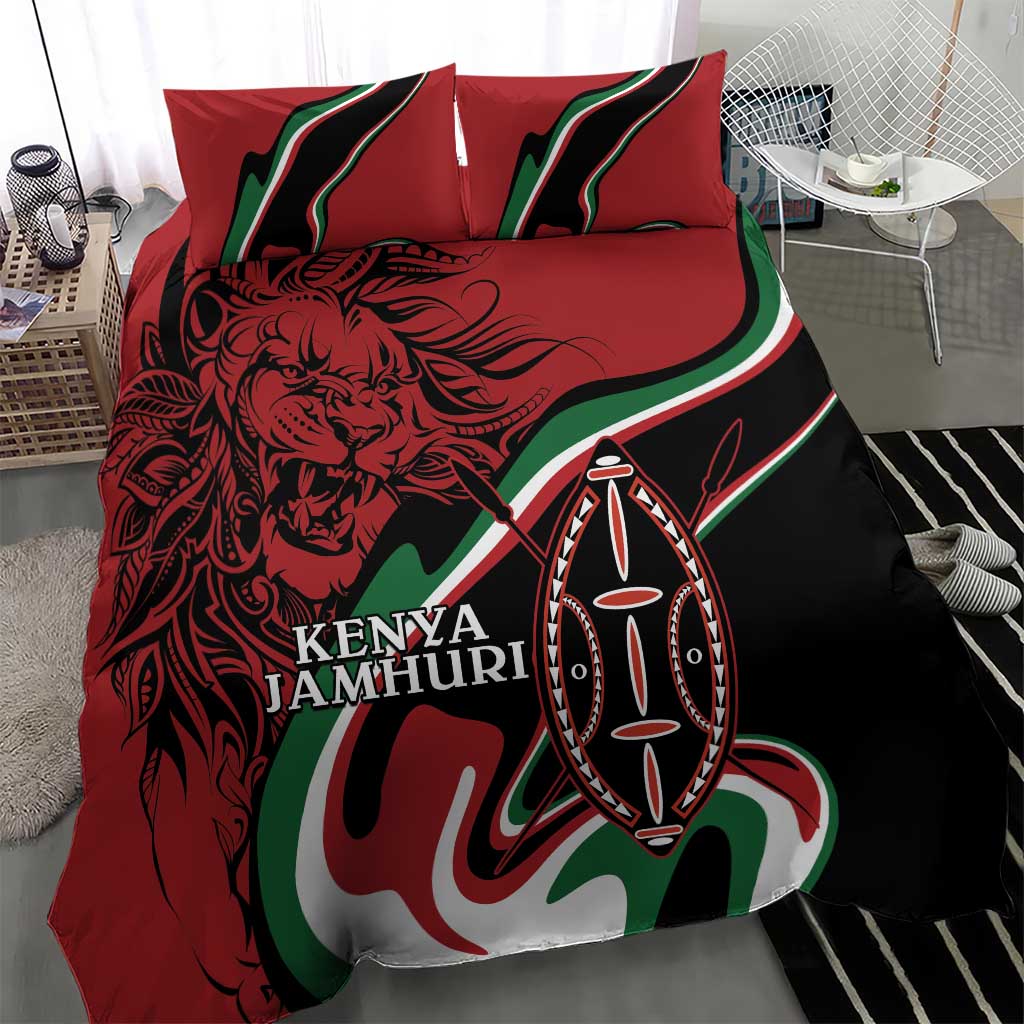 Red/black duvet bedding set featuring lion face, Maasai shield emblem, Kenya Jamhuri Day