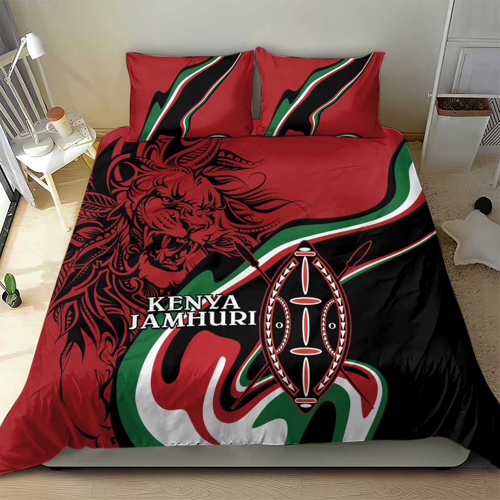 Red duvet bedding set with two pillows showing lion and Maasai shield, Kenya Jamhuri Day