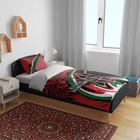 Red duvet bedding set with lion and Maasai shield design on bed, Kenya Jamhuri Day text