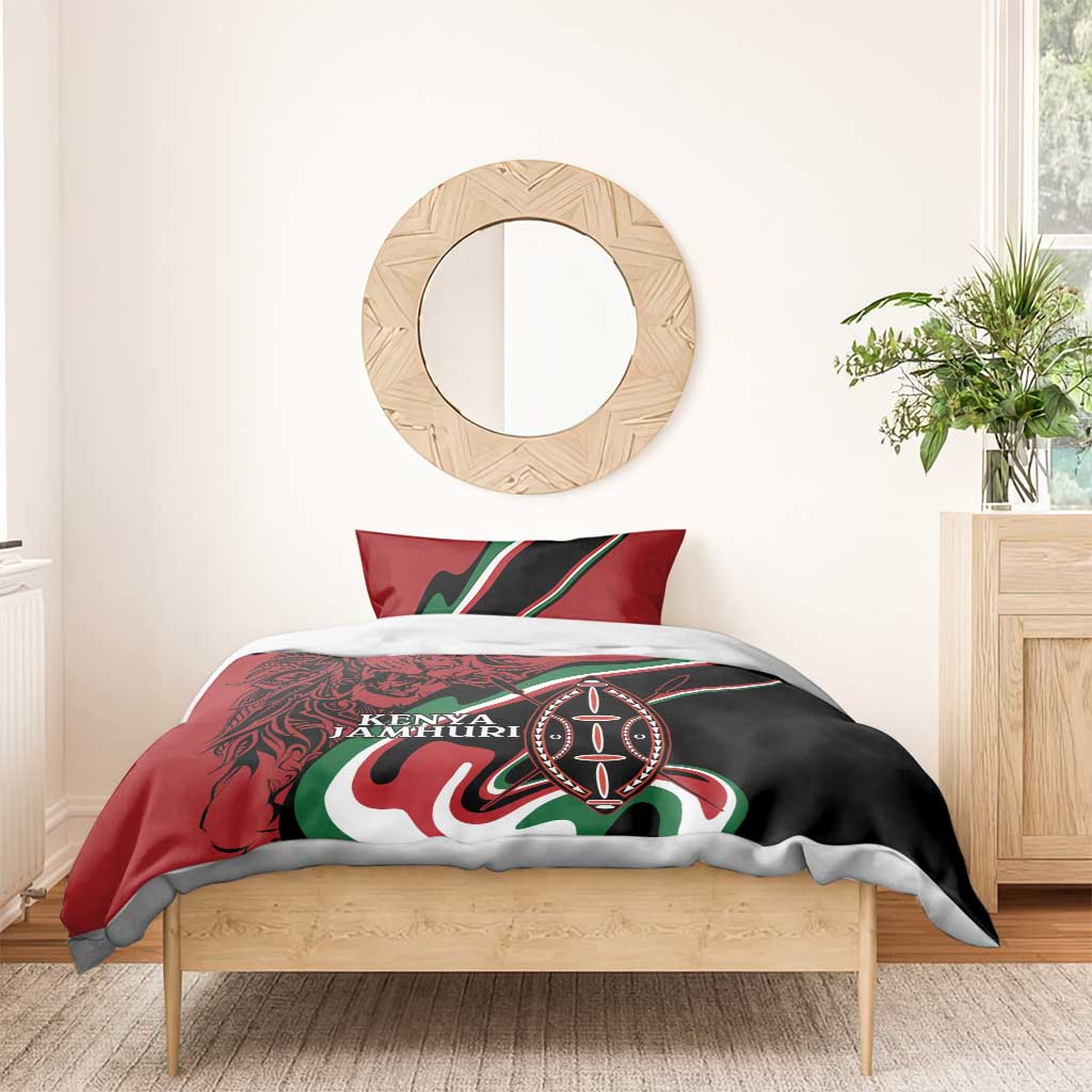 Red and black duvet bedding set with lion and Maasai shield emblem, Kenya Jamhuri Day text