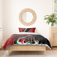 Red and black duvet bedding set with lion and Maasai shield emblem, Kenya Jamhuri Day text