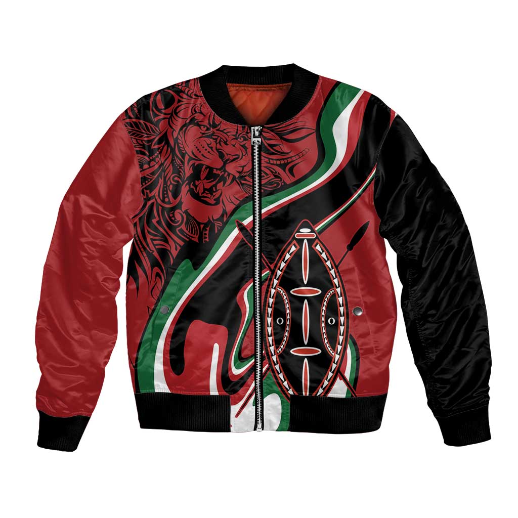 Red and black unisex bomber jacket with shield graphic and front zipper