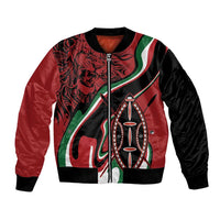 Red and black unisex bomber jacket with shield graphic and front zipper